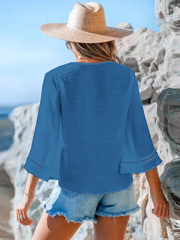 LUNE Women's Spring/Summer Casual Solid Color Flare Sleeve Tie Front Shirt