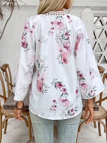 LUNE Women's Spring/Summer Loose Fit Tie Neck Floral Print Blouse