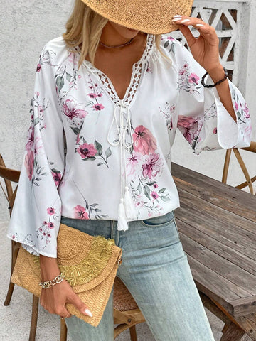 LUNE Women's Spring/Summer Loose Fit Tie Neck Floral Print Blouse
