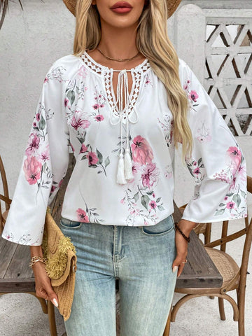 LUNE Women's Spring/Summer Loose Fit Tie Neck Floral Print Blouse