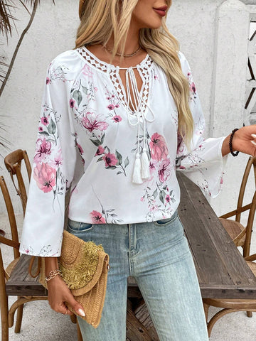 LUNE Women's Spring/Summer Loose Fit Tie Neck Floral Print Blouse