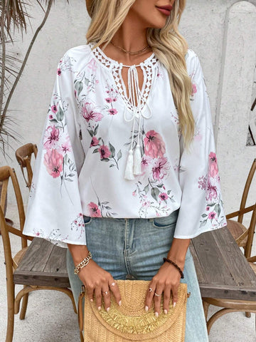 LUNE Women's Spring/Summer Loose Fit Tie Neck Floral Print Blouse