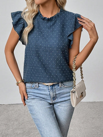 LUNE Women's Spring/Summer Ruffled Cap Sleeve Round Neck Eyelet Embroidered Sleeveless Blouse