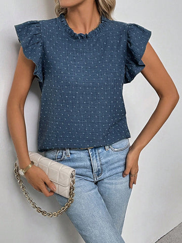 LUNE Women's Spring/Summer Ruffled Cap Sleeve Round Neck Eyelet Embroidered Sleeveless Blouse