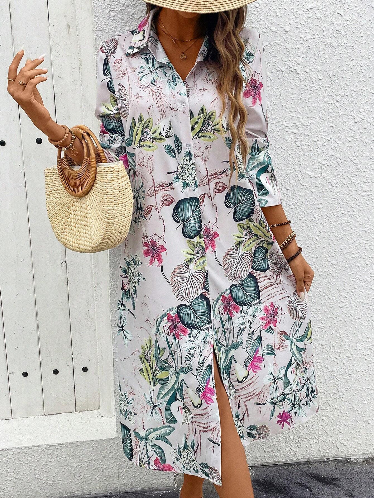 Women's Spring/Summer Tropical Plant Printed Long Sleeve Shirt Dress For Vacation