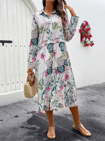 Women's Spring/Summer Tropical Plant Printed Long Sleeve Shirt Dress For Vacation