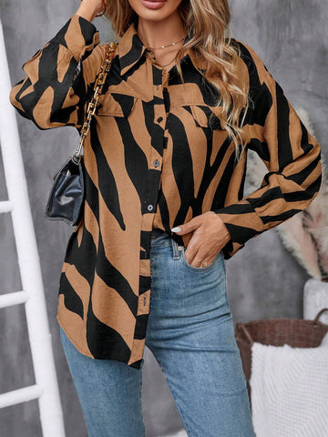 LUNE Women's Spring/Summer Zebra Print Long Sleeve Casual Blouse