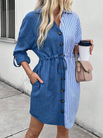 Women's Spring And Autumn Casual Striped Contrast Color Drawstring Waist Front Button Shirt Dress