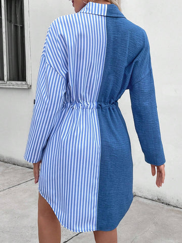 Women's Spring And Autumn Casual Striped Contrast Color Drawstring Waist Front Button Shirt Dress