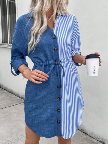 Women's Spring And Autumn Casual Striped Contrast Color Drawstring Waist Front Button Shirt Dress