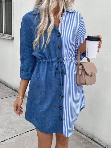 Women's Spring And Autumn Casual Striped Contrast Color Drawstring Waist Front Button Shirt Dress