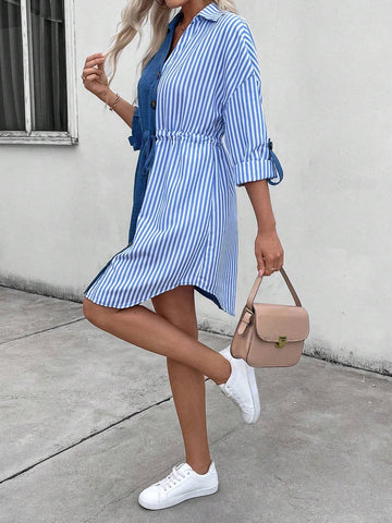 Women's Spring And Autumn Casual Striped Contrast Color Drawstring Waist Front Button Shirt Dress