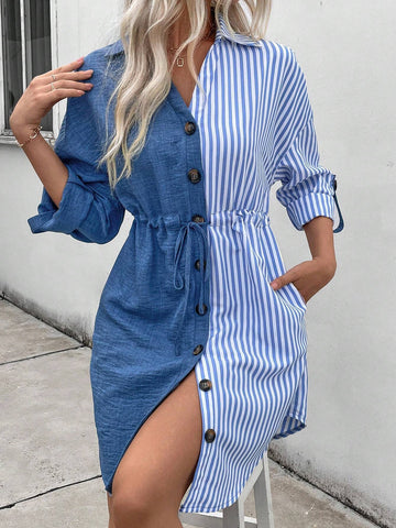 Women's Spring And Autumn Casual Striped Contrast Color Drawstring Waist Front Button Shirt Dress