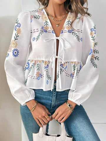 LUNE Women's Spring And Summer Floral Print Holiday Style Lantern Sleeve Front Tie Ruffle Hem Shirt