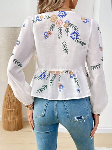 LUNE Women's Spring And Summer Floral Print Holiday Style Lantern Sleeve Front Tie Ruffle Hem Shirt