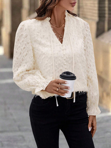 LUNE Women's Spring Autumn Casual Ruffle Neck Tie-Up Feather Blouse