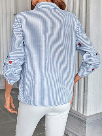 LUNE Women's Spring Autumn Casual Shirt With Adjustable Sleeves & Heart Embroidery Stripes
