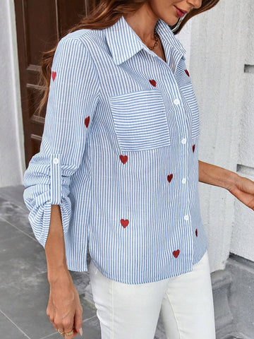 LUNE Women's Spring Autumn Casual Shirt With Adjustable Sleeves & Heart Embroidery Stripes
