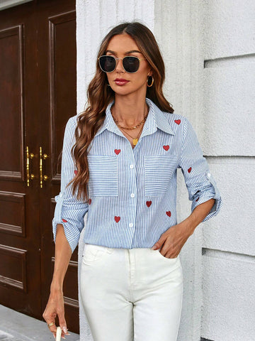LUNE Women's Spring Autumn Casual Shirt With Adjustable Sleeves & Heart Embroidery Stripes