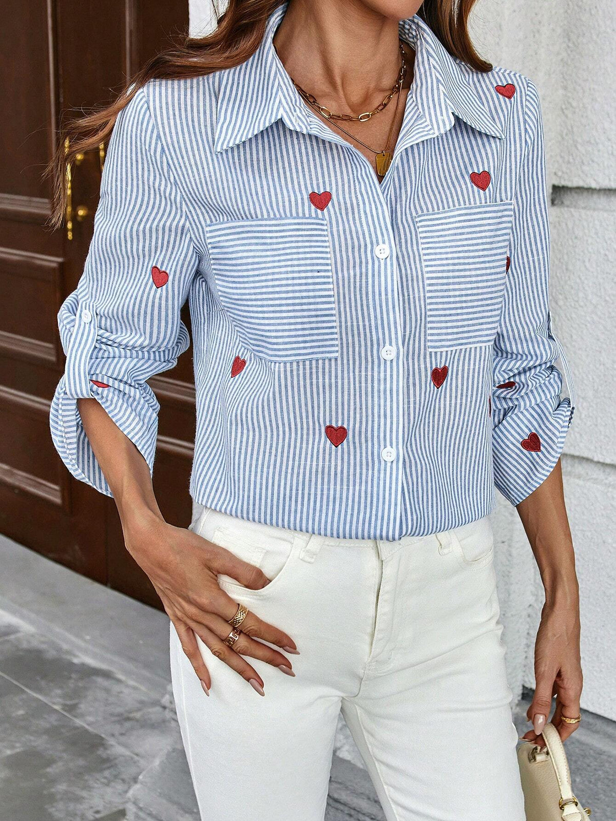 LUNE Women's Spring Autumn Casual Shirt With Adjustable Sleeves & Heart Embroidery Stripes
