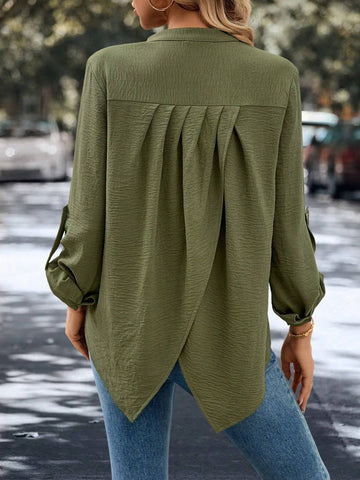 LUNE Women's Spring Autumn Casual Solid Color Notched Collar Roll-Up Sleeve Shirt