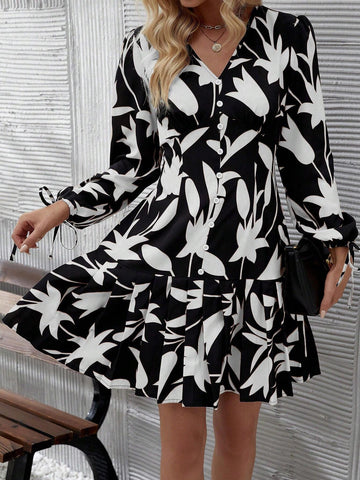 Women's Spring Summer Plant Printed Front Button Long Sleeve Dress