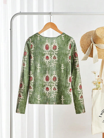 LUNE Women's Spring & Autumn Floral Print V-Neck Long Sleeve Casual T-Shirt