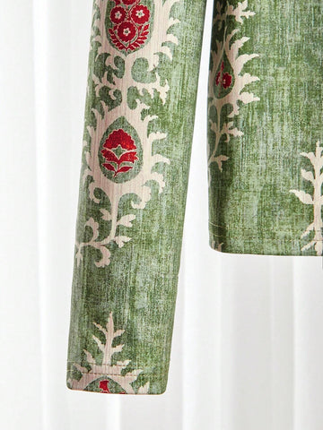 LUNE Women's Spring & Autumn Floral Print V-Neck Long Sleeve Casual T-Shirt