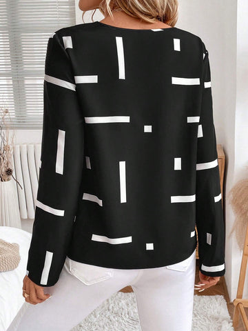LUNE Women's Spring & Autumn Geometric Print V-Neck Long Sleeve Casual Blouse