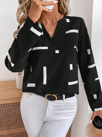 LUNE Women's Spring & Autumn Geometric Print V-Neck Long Sleeve Casual Blouse