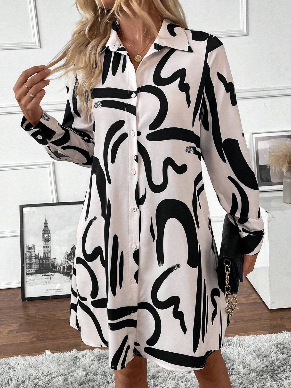 Women's Spring & Summer Floral Print Long Sleeve Casual Shirt Dress (Asymmetrical Floral)