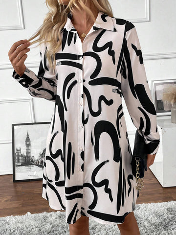 Women's Spring & Summer Floral Print Long Sleeve Casual Shirt Dress (Asymmetrical Floral)
