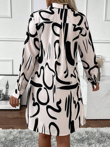 Women's Spring & Summer Floral Print Long Sleeve Casual Shirt Dress (Asymmetrical Floral)