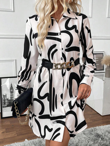Women's Spring & Summer Floral Print Long Sleeve Casual Shirt Dress (Asymmetrical Floral)