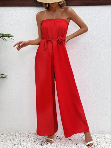 Women's Strapless Jumpsuit With Floral Detail And Waist Belt, Fashionable For Spring And Summer