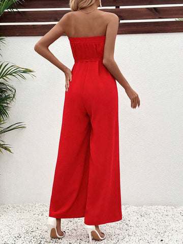 Women's Strapless Jumpsuit With Floral Detail And Waist Belt, Fashionable For Spring And Summer