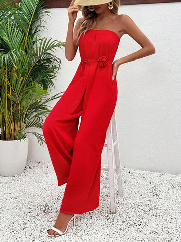 Women's Strapless Jumpsuit With Floral Detail And Waist Belt, Fashionable For Spring And Summer
