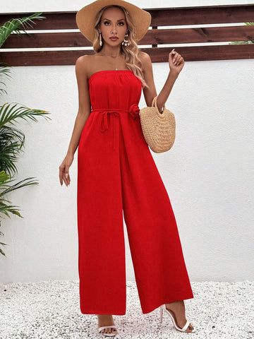 Women's Strapless Jumpsuit With Floral Detail And Waist Belt, Fashionable For Spring And Summer