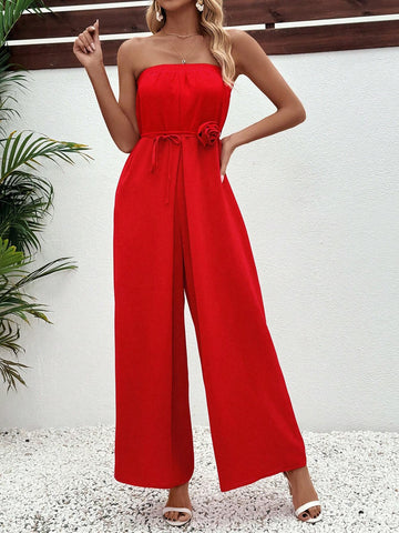 Women's Strapless Jumpsuit With Floral Detail And Waist Belt, Fashionable For Spring And Summer