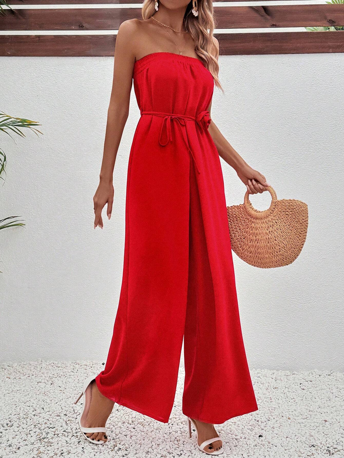 Women's Strapless Jumpsuit With Floral Detail And Waist Belt, Fashionable For Spring And Summer