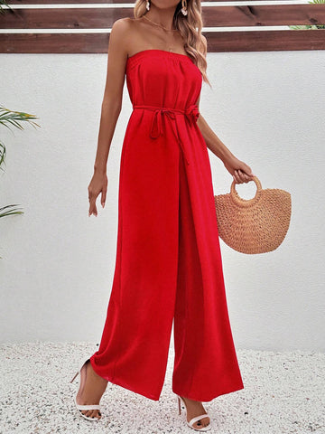 Women's Strapless Jumpsuit With Floral Detail And Waist Belt, Fashionable For Spring And Summer