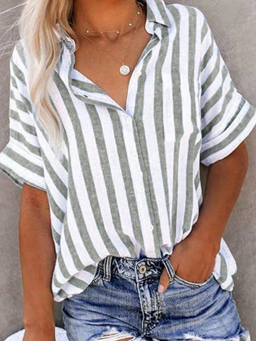 LUNE Women's Striped Bat-Wing Short Sleeve Casual Single-Breasted Loose Blouse