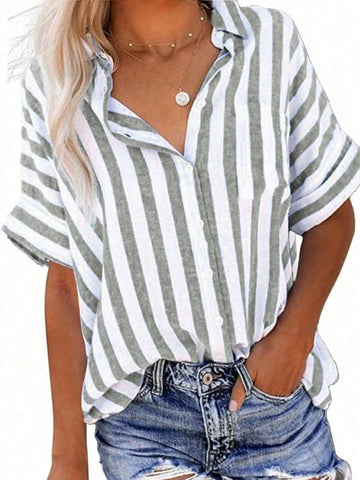 LUNE Women's Striped Bat-Wing Short Sleeve Casual Single-Breasted Loose Blouse