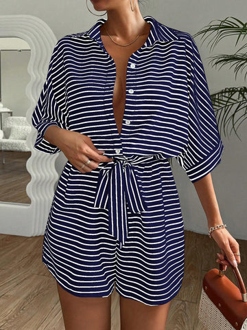 Women's Striped Batwing Sleeve Front Button Romper