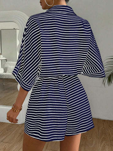 Women's Striped Batwing Sleeve Front Button Romper