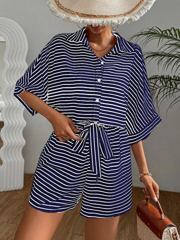 Women's Striped Batwing Sleeve Front Button Romper