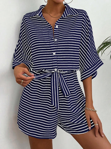 Women's Striped Batwing Sleeve Front Button Romper