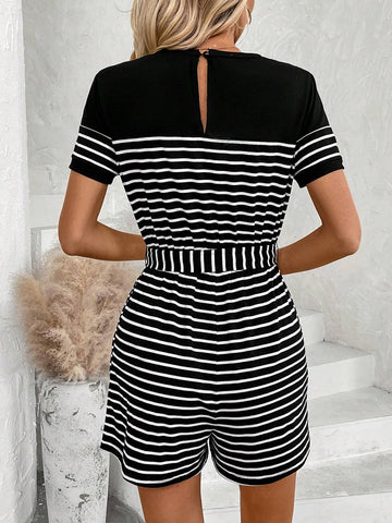 Women's Striped Belted Jumpsuit Shorts