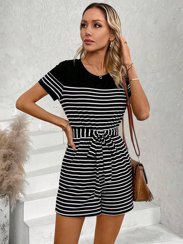 Women's Striped Belted Jumpsuit Shorts