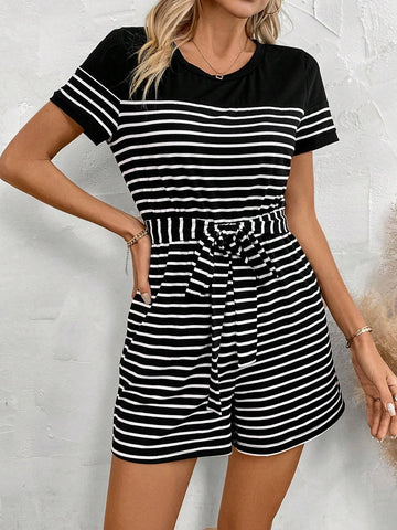 Women's Striped Belted Jumpsuit Shorts